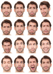 brunette short hair adult caucasian man collection set of face expression like happy, sad, angry, surprise, yawn isolated on white