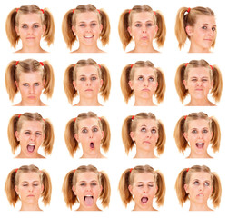 blonde ponytail young caucasian woman collection set of face expression like happy, sad, angry, surprise, yawn isolated on white
