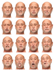 bald beard senior caucasian man collection set of face expression like happy, sad, angry, surprise,...