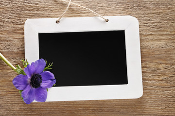 Anemone flower and blackboard, springtime background