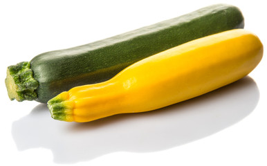 Yellow and green zucchini vegetable over white background
