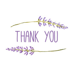 Thank you greeting card with flowers of lavender. Vector watercolor 