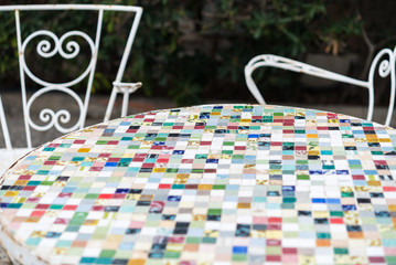 Antique garden furniture mosaic table and chair vintage style - 102882734