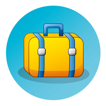 Yellow suitcase on a blue background. Round icon.