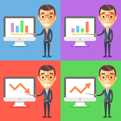 Business characters set. Businessman and presentation on computer screen