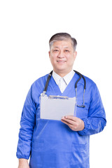 asian old man doctor in blue uniform with stethoscope and clipbo