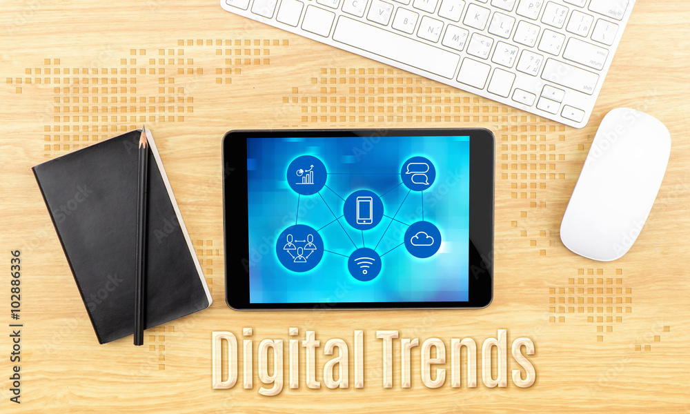 Poster Digital trends word on wood table with digital device and notebo