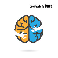 Creative brain logo design vector template with small hand.Educa