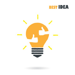 Fototapeta na wymiar Creative light bulb logo design vector template with small hand.