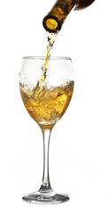 White wine pouring in glass, isolated on white