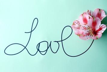 Inscription love with pink flowers on green background