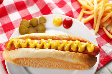 Hot dog with fried potatoes and cucumbers on fabric background