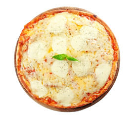 Pizza full of cheese on wooden board isolated on white background