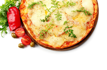 Pizza full of cheese on wooden board with vegetables isolated on white background, close up
