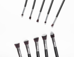 Set Of New Make-Up Brushes In Two Rows On White Background