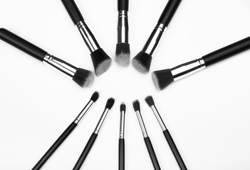 Big Set Of Make-Up Brushes On White Background In Black And White Style.