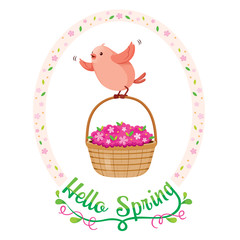 Flying Bird And Flower Basket In Floral Frame With Lettering, Spring Season, Nature, Children, Animal, Flower
