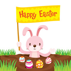 Rabbit With Flag And Easter Eggs On Ground, Easter, Spring Season, Animal, Nature, Decorating, Objects, Festive, Celebrations