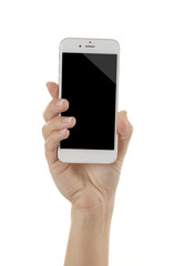 Hand holding white touch screen smart phone isolated on white background
