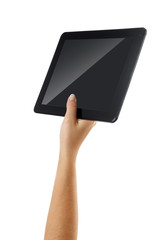 Black tablet in hands isolated on white background