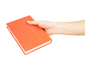 Man hand holding book, isolated on white