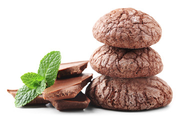 Chocolate chip cookie with chocolate pieces and mint, isolated on white
