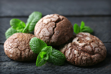 Chocolate chip cookie with mint, closeup