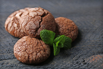 Chocolate chip cookie with mint, closeup