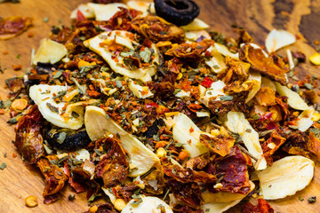 Closeup colored spices for pasta mix