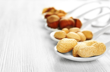 Walnut kernels, almonds, pistachios, hazelnuts and peanuts in the ceramic spoons on the wooden table