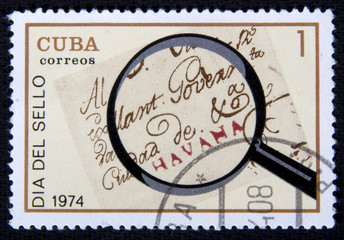 изображение, надпись, лупа, увеличительное, стекло, куба, коллекционирование, коллекция, марка, почта, почтовая, гашеная, филателия, печать, штамп, хобби, винтаж, ретро, выпуск, 1974
