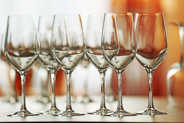 Empty wineglasses on a table, close up