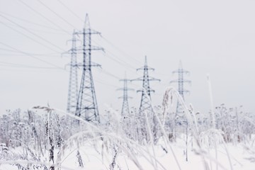 Electricity towers in winter. Blurred background, focus on dry snowy grass