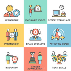 Fototapeta premium Modern contour icons of corporate management and business.