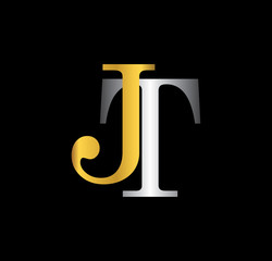 JT initial letter with gold and silver