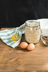 Ingredients for cheese casseroles, oatmeal, cottage cheese, eggs