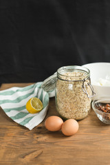 Ingredients for cheese casseroles, oatmeal, cottage cheese, eggs