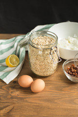 Ingredients for cheese casseroles, oatmeal, cottage cheese, eggs