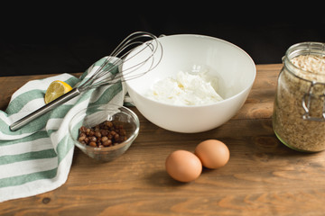 Ingredients for cheese casseroles, oatmeal, cottage cheese, eggs