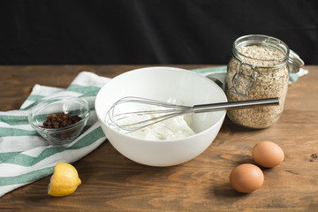 Ingredients for cheese casseroles, oatmeal, cottage cheese, eggs