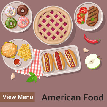American food. Fast food. Flat Lay Style Illustration. Vector illustration EPS10.