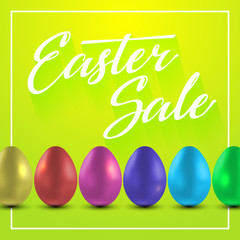 Easter poster design with color eggs. Vector calligraphy illustration