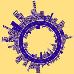 City Planet yellow day, a stylized illustration of an urban planet, with an inside and an outside separated by a never ending circular road, by a yellow and blue day.