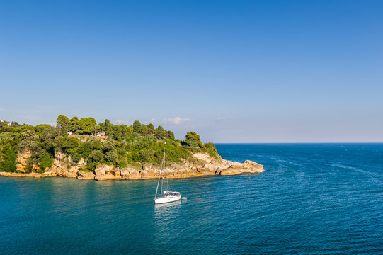 White sailing yacht in the bay of Adriatic sea