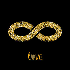 Limitless red sign with heart symbol. Infinity icon. Love card. Flat design. Gold sparkles glitter texture Black background.