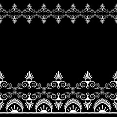 Border pattern mehndi elements with flower lace lines in Indian style for card and tattoo isolated on black background.