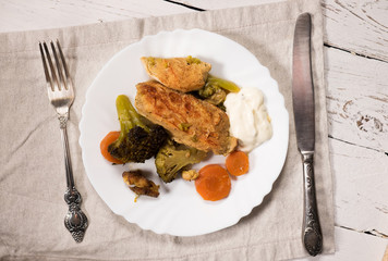 Roasted chicken breast ,grilled broccoli, carrot with tartar sauce