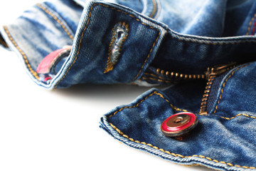 new blue jeans handmade closeup isolated on white background