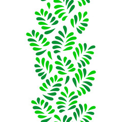 Green leaves seamless vertical border on white, vector