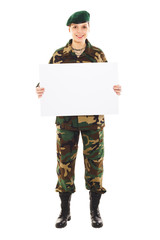 Smiling soldier girl in the military uniform